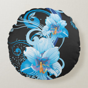 Azure Bloom Elegance Round Cushion