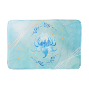 Azure Bloom – Teal & White Lotus Illustration Bath Mat