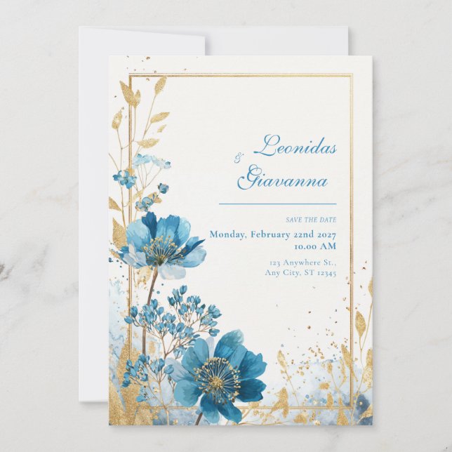Azure Blooms & Gold Leaf Watercolor Wedding Invitation (Front)