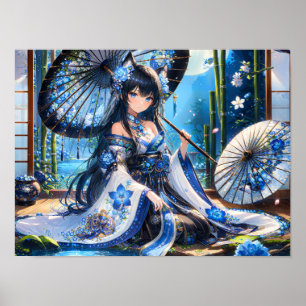 Azure Blossom Kimono Girl Poster