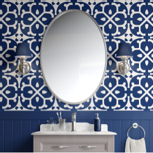 Azure Blossom Tiles - Navy and White - Eclectic Wallpaper