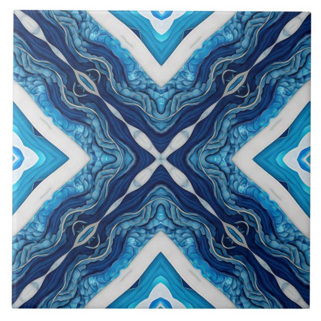 Azure Blue Arabesque Pattern Ceramic Tile (Front)