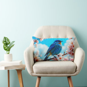 Azure Blue Bird on Cherry Blossom Branch Lumbar Cushion