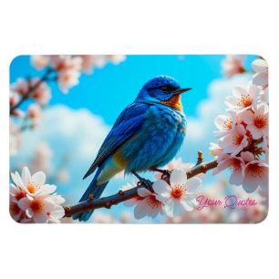 Azure Blue Bird on Cherry Blossom Branch Magnet
