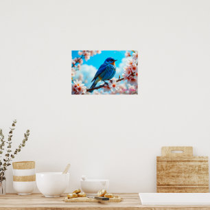 Azure Blue Bird on Cherry Blossom Branch Poster