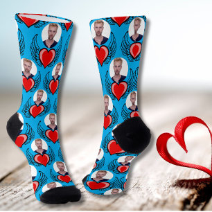 Azure Blue Custom Boyfriend Photo Red Winged Heart Socks