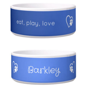 Azure Blue Eat Play Love Custom Dog Name Bowl