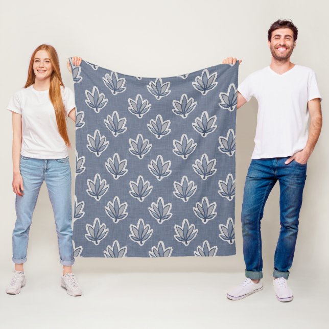 Azure Blue Leaf Linen Look Fleece Blanket (In Situ)