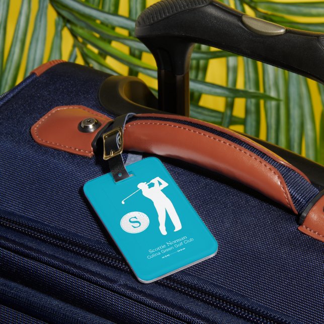 Azure Blue Personalised Golfer Monogram  Luggage Tag (Front Insitu 1)