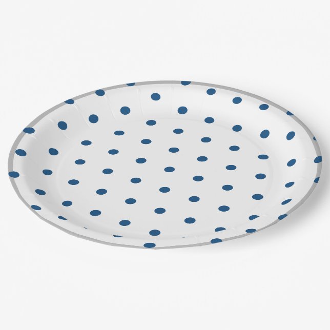 Azure Blue Polka Dots Silver White Paper Plate (Angled)