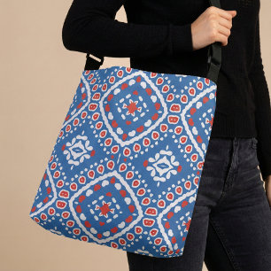 Azure Blue Red and White Ethnic Bohemian Pattern Crossbody Bag
