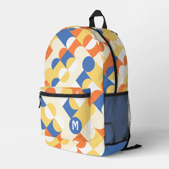 Azure Blue Sunny Yellow Midcentury Circles Pattern Printed Backpack (Back Corner Right)