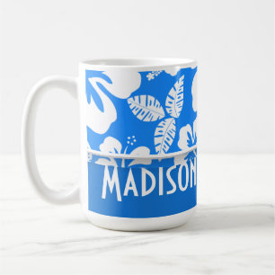 Azure Blue Tropical Hibiscus; Personalised Coffee Mug