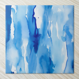 Azure Blue Watercolor Abstract Waves Ceramic Tile