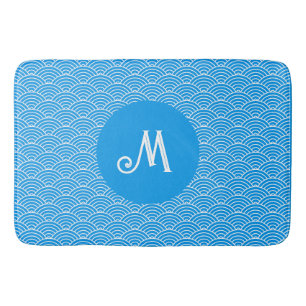 Azure Blue Wave Pattern Monogrammed Bath Mat