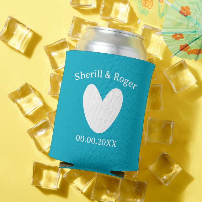 Azure blue wedding can cooler with cute heart (In Situ Summer)