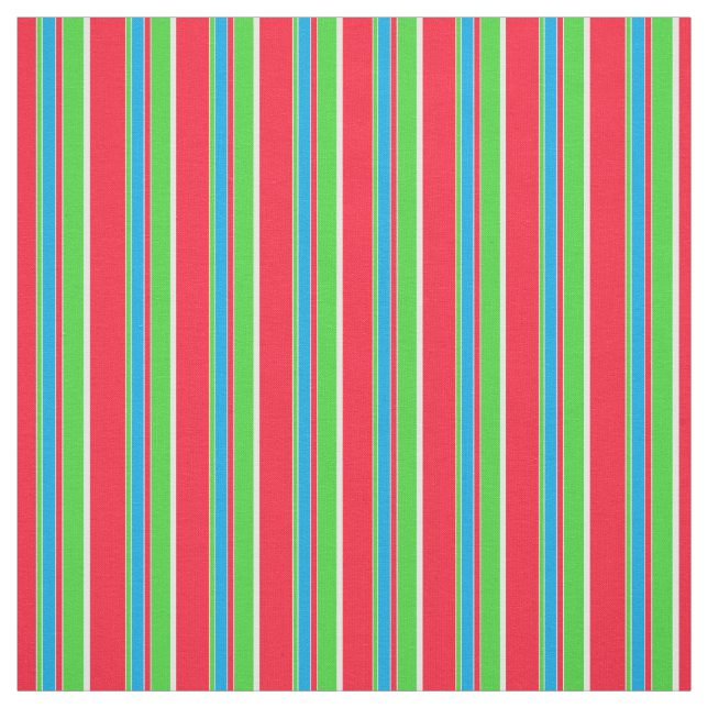 Azure Blue White Lime Green Red Stripes Pattern Fabric (Swatch)
