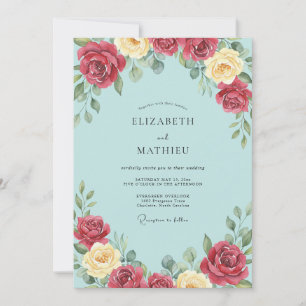 Azure Burgundy Yellow Painted Wedding Invitation