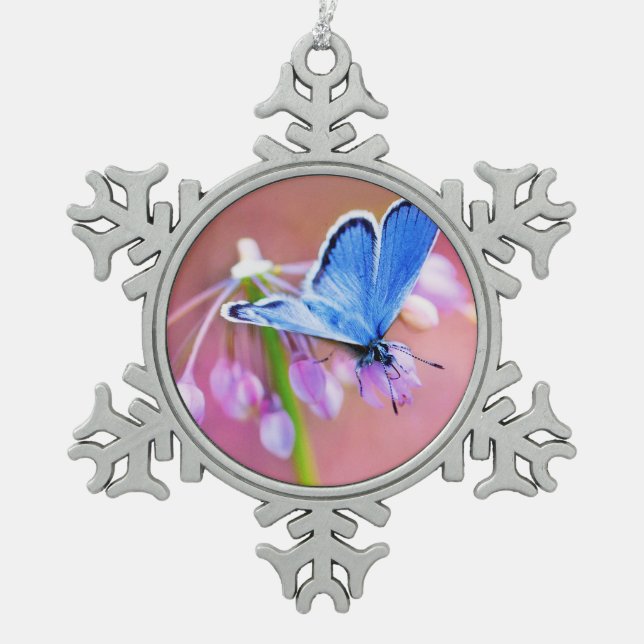 Azure Butterfly Snowflake Pewter Christmas Ornament (Front)