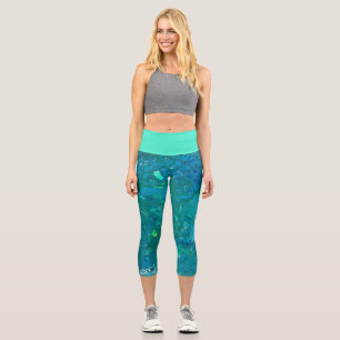 Azure Cells, Bright Cyan Capri Leggings