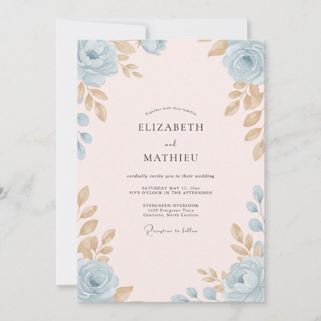 Azure Champagne Leafy Wedding Invitation (Front)