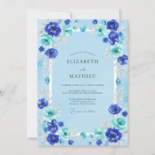 Azure Cobalt Ranunculus Eucalyptus Wedding Invitation (Front)