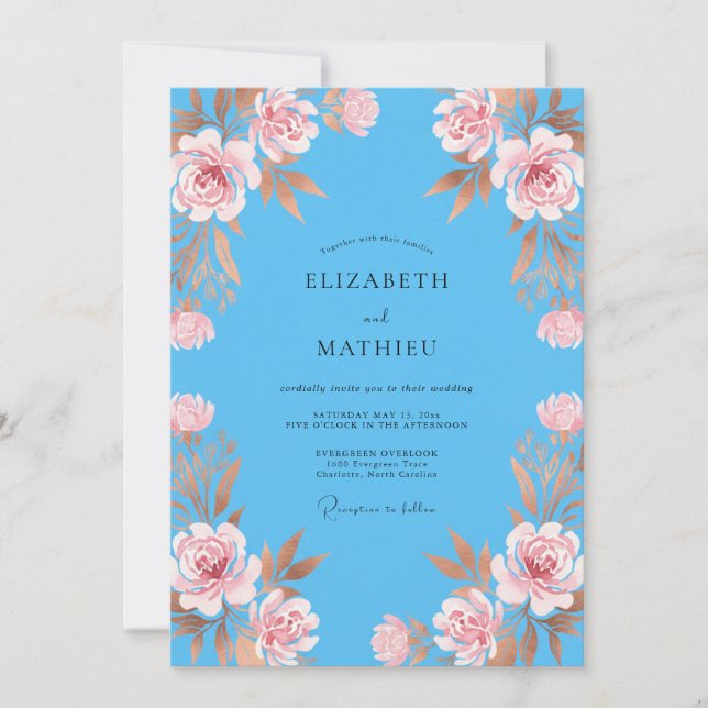 Azure Copper Petal Wedding Invitation (Front)