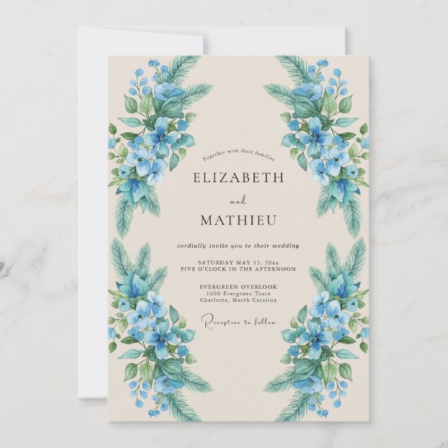 Azure Cornflower Foliage Eucalyptus Wedding Invitation (Front)