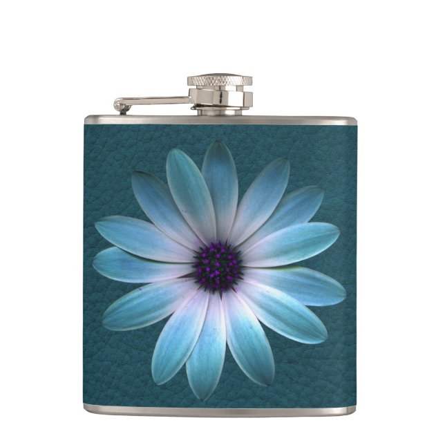 Azure Daisy on Dark Till Leather Print Hip Flask (Front)