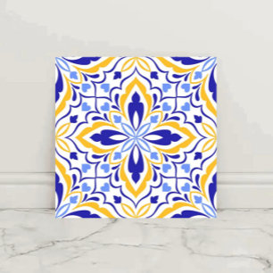 Azure Elegance Blue and Gold Floral Mosaic Ceramic Tile