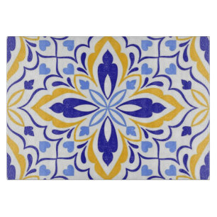 Azure Elegance Blue and Gold Floral Mosaic Cutting Board