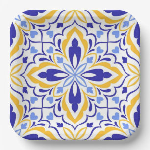 Azure Elegance Blue and Gold Floral Mosaic Paper Plate