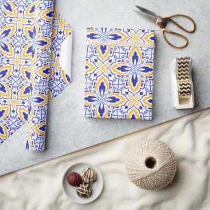 Azure Elegance Blue and Gold Floral Mosaic Wrapping Paper