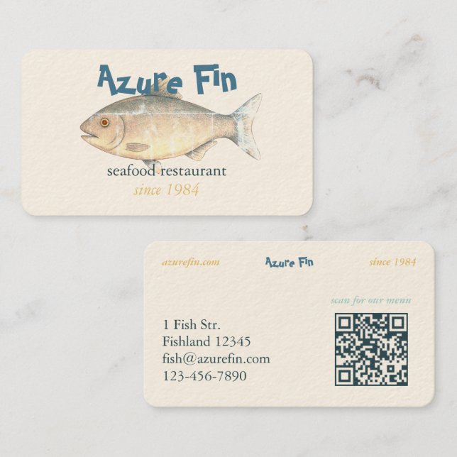 Azure Fin Classic Fish Restaurant QR Code Business Card (Front/Back)