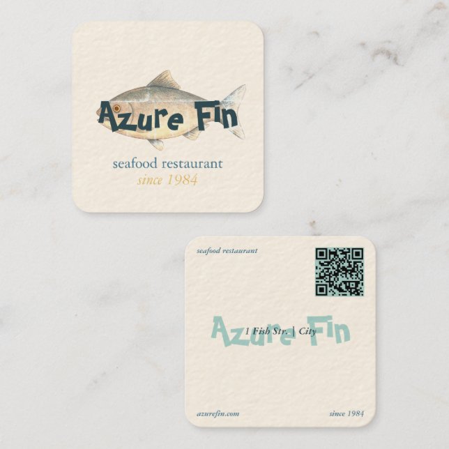 Azure Fin Elegant Fish Restaurant Logo Square Business Card (Front/Back)