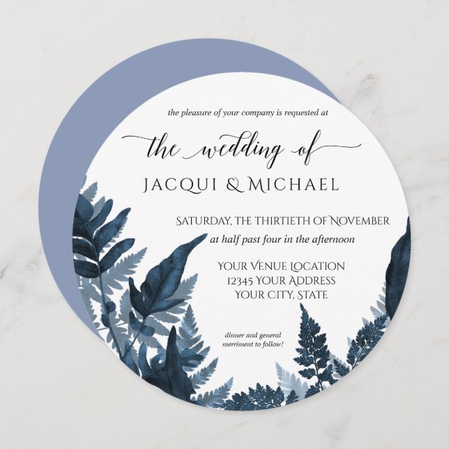 Azure Forest Fern Foliage Watercolor Wedding Round Invitation (Front/Back)