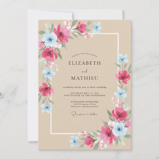 Azure Fuchsia Peony Wedding Invitation (Front)