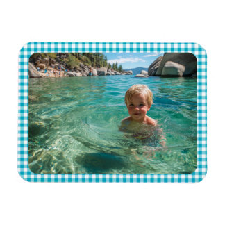 Azure Gingham Plaid Family Photo Magnet