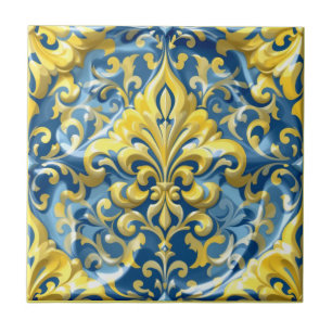 Azure Gold Damask Ceramic Tile