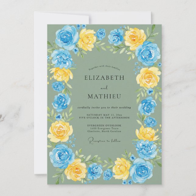 Azure Gold Ranunculus Sage Wedding Invitation (Front)