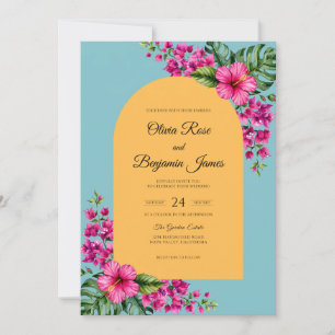 Azure Magenta Tropical Dusty Eucalyptus Wedding Invitation