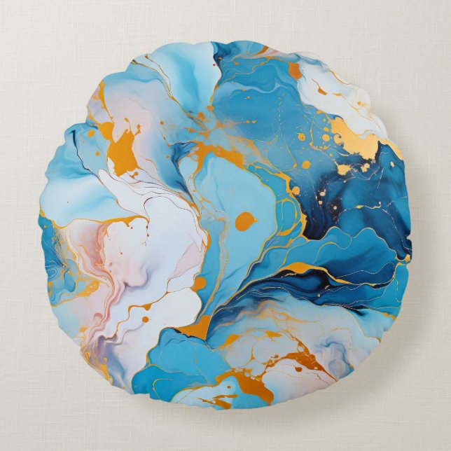 Azure Marble with Golden Splashes Round Cushion (Front)
