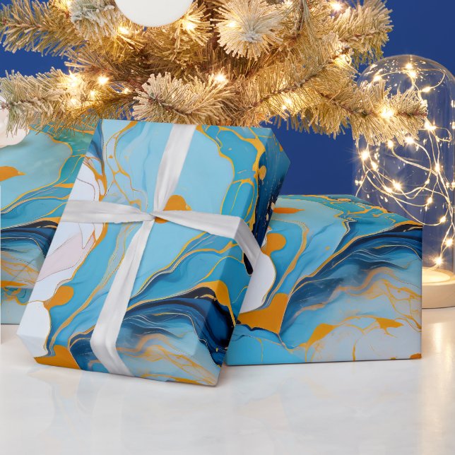 Azure Marble with Golden Splashes Wrapping Paper (Holidays)