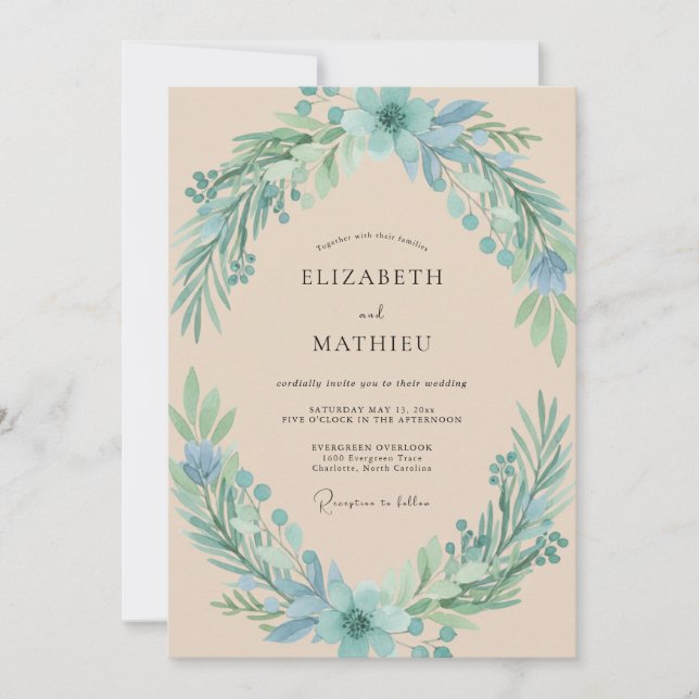 Azure Mint Foliage Dusty Eucalyptus Wedding Invitation (Front)