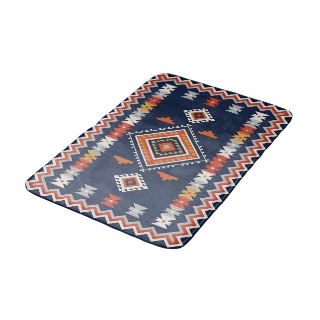 Azure Navy and Terracotta Geometric Tribal Bath Mat (Angled)
