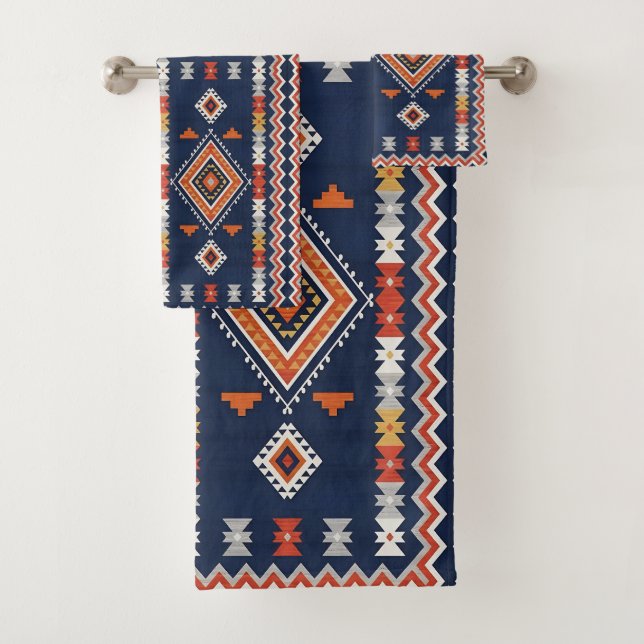 Azure Navy and Terracotta Geometric Tribal Bath Towel Set (Insitu)