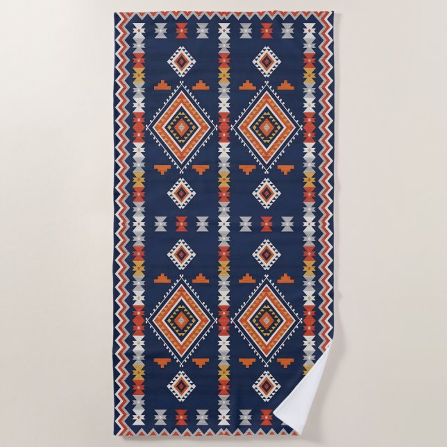 Azure Navy and Terracotta Geometric Tribal Beach Towel (Front)