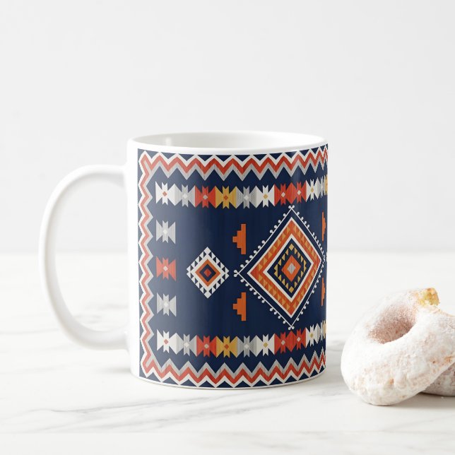 Azure Navy and Terracotta Geometric Tribal Coffee Mug (With Donut)