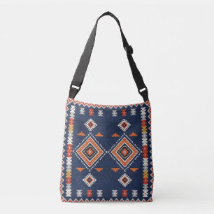 Azure Navy and Terracotta Geometric Tribal Crossbody Bag