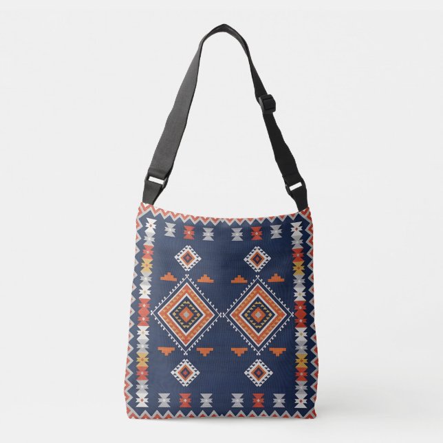 Azure Navy and Terracotta Geometric Tribal Crossbody Bag (Front)